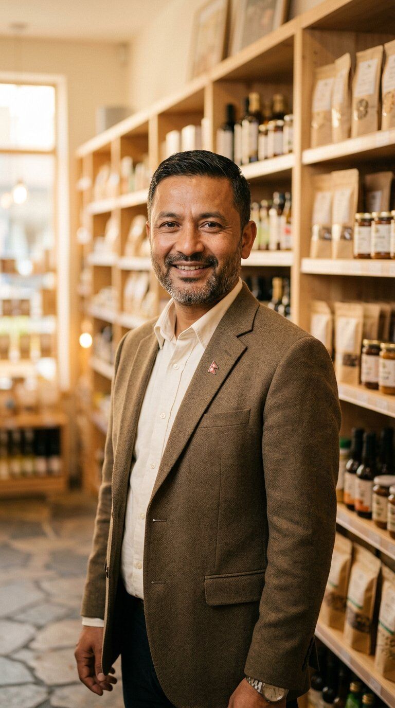 Portrait of Dhurba Aryal, founder of Kinmel Mart, standing in one of his stores