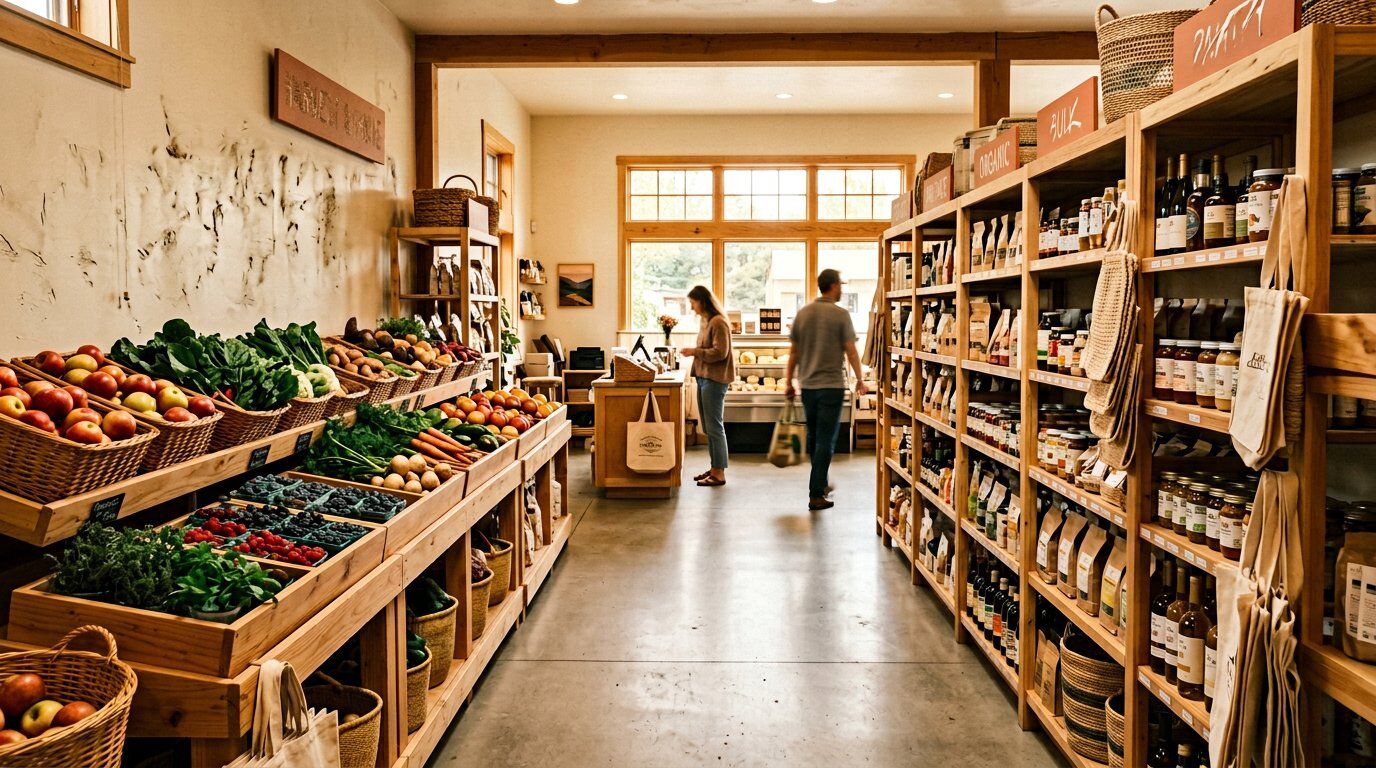 Inside Kinmel Mart — bright aisles stocked with fresh produce and everyday groceries